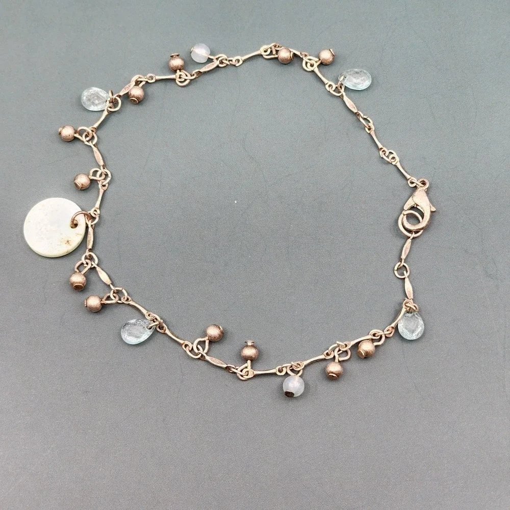 Antiqued Copper Tone Charm Bracelet Blue Glass Beads Iridescent Disc Dangles